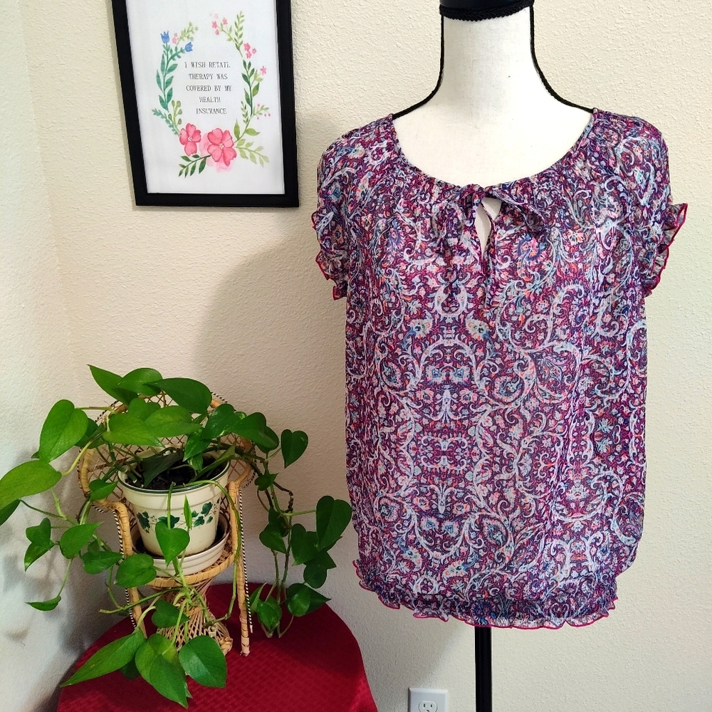 Liz Claiborne Y2K Vintage Blouse Womens Small Sheer Paisley Tie Front Summer